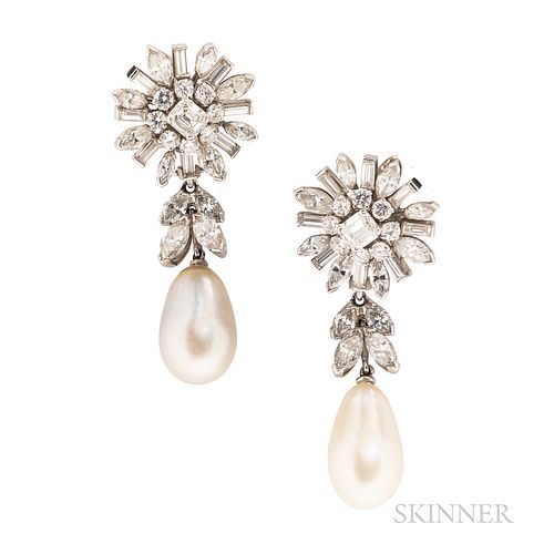 Van Cleef & Arpels Platinum, Natural Pearl, and Diamond Day/Night Earclips