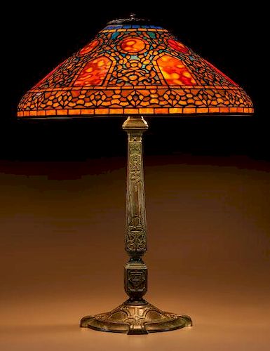 Extremely Rare Tiffany Studios Leaded Glass and Bronze Russian Table Lamp
