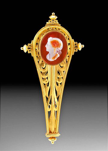 Large 19th C. Neoclassical Gold & Agate Cameo Brooch