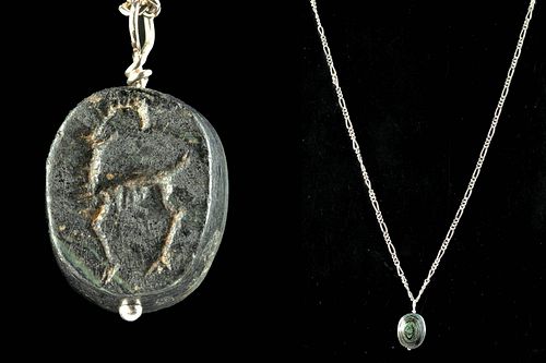 Sassanian Stone Intaglio Bead w/ Ibex on Necklace