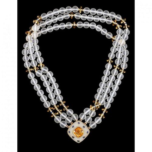 14KT Frosted Rock Crystal, Citrine, and Sapphire Convertible Choker Necklace, Trianon