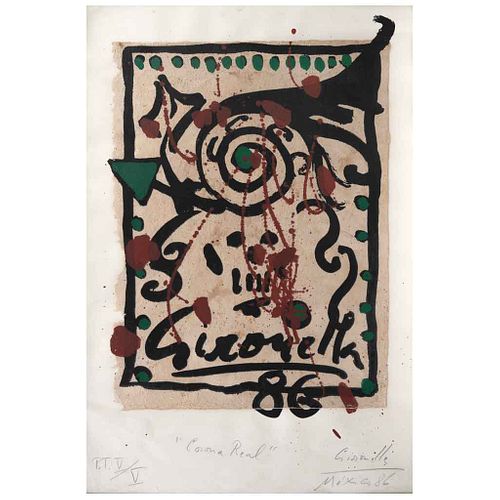 ALBERTO GIRONELLA, from the binder Copilli: corona real, Signed and dated México 86, Serigraph on amate paper P/T, 21.2 x 14.5" (54 x 37 cm), Stamp | 