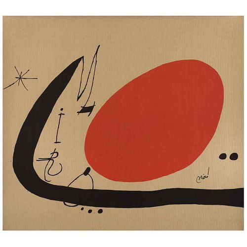 JOAN MIRÓ, Untitled, from the binder Proverbes à la main, 1970, Signed on plate, Offset lithography on cloth wihout print number, 27 x 30.3" (68.7 x 7