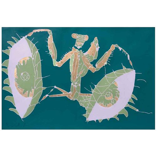EMILIANO GIRONELLA PARRA, Mantis religiosa, from the series Insectos, Signed, Woodcut and gold leaf serigraph, 2/5, 30.5 x 46" (77.5 x 117 cm) | EMILI