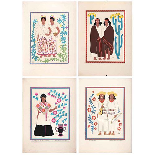 CARLOS MÉRIDA, From the binder Trajes regionales mexicanos,1945, Signed, Serigraphs without print number, 11.8 x 9" (30 x 23 cm) each, Pieces: 4 | CAR