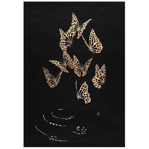 ALENA VAVILINA, Golden butterflies, from the series Black collection, Signed, Acrylic and gold leaf on paper, 39.3 x 27.5" (100 x 70 cm), Certificate 