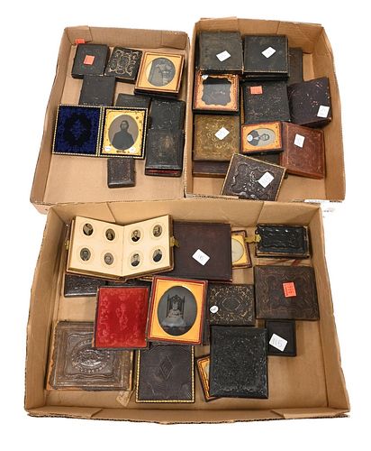 Three Tray Lots of Daguerreotype, Ambrotypes, and Tintypes, in leather cases.