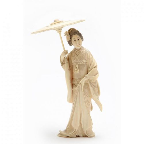 Japanese Ivory Okimono of Geisha Carrying an Umbrella 
