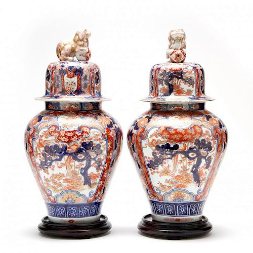 A Pair of Large Imari Porcelain Covered Vases 