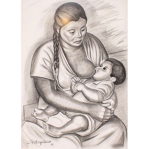 Raul Anguiano (Mexican 1915-2006) Charcoal on Paper, Maternidad