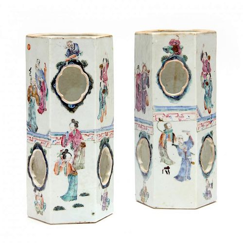 A Pair of Chinese Famille Rose Hexagonal Hat Stands 
