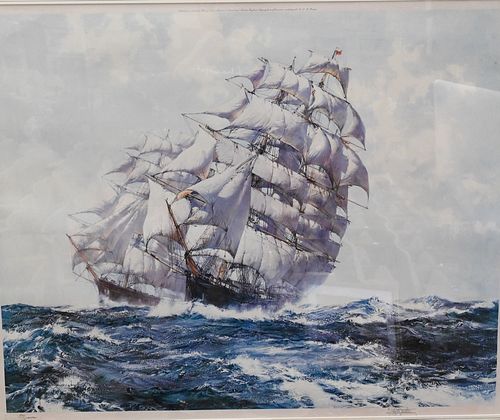 Five Montague Dawson (1890 - 1923), sailboats and ships, lithograph, pencil signed, sight size of largest 30 x 37 inches.
