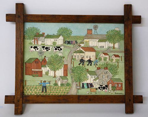 Arlene Fisher Folksy Oil on Artist Board "Amish Schoolhouse and Farm Scene"