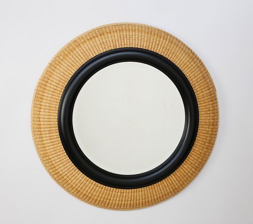 Rich Leone Bevel Glass Round Mirror with Nantucket Basket Weave Surround