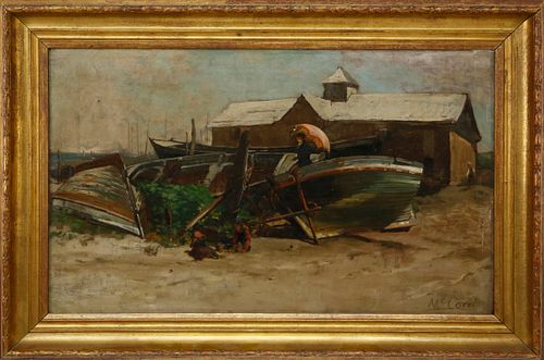 George Herbert McCord Oil on Canvas "Shipyard with Lady Under a Sun Umbrella"