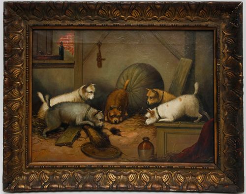 George Armfield  Oil on Canvas "Five Terriers Around a Hole"