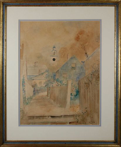 Louis Kinney Harlow Watercolor "View of the Unitarian Church from Stone Alley"