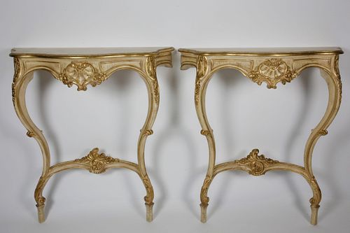 Pair of Contemporary French Louis XV Style Paint Decorated Console Tables