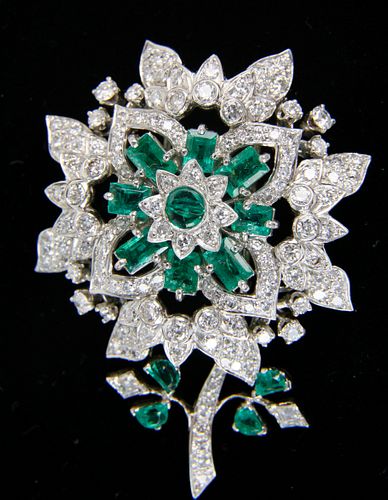 Fine Vintage Emerald and Diamond Flower Brooch