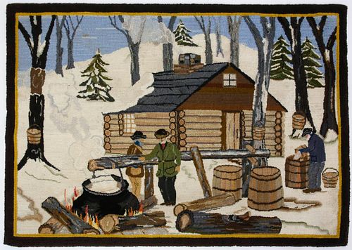Folk Art Scenic Hand Hooked Rug "New England Maple Sugar Camp"