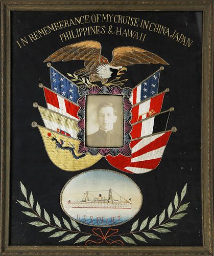 Embroidered Pictorial of an American Sailor's Cruise Aboard the U.S.S. Relief