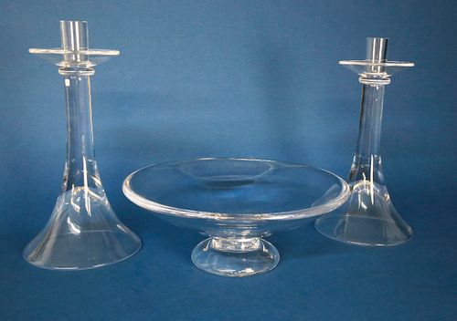 Pair Of Vintage Simon Pearce Hand Blown Glass Candlesticks and Centerpiece Bowl