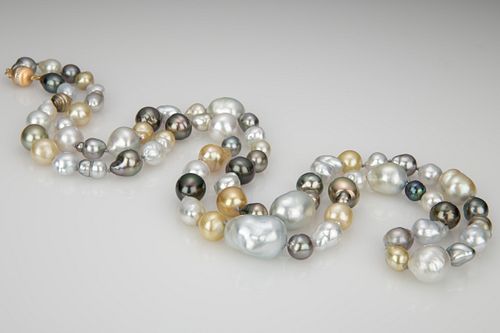 Fine 8mm-17mm South Sea Baroque Pearl Cocktail Necklace, 14k Gold and Diamond Clasp