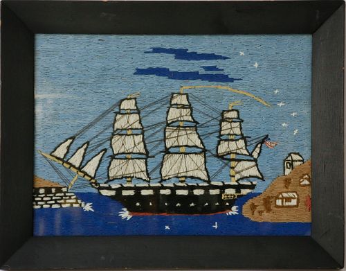 Hand Stitched Woolie of an American Fully Rigged Ship, 19th Century
