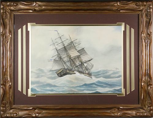 Edward J. Russell Watercolor on Paper "Fully Rigged American Ship on Rough Seas"