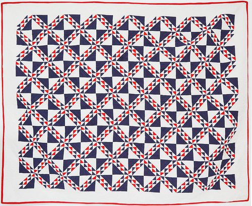 Vintage Patriotic Red White and Blue "Flying Geese" Patchwork Quilt circa 1940s