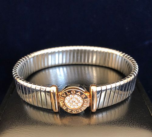 Bvlgari "Tubogas" Diamond Cuff Bracelet in Steel and 18k Pink Gold