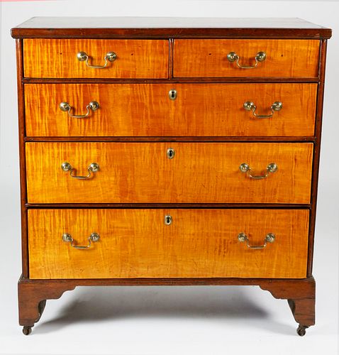 American Tiger Maple and Mahogany Two Over Three Drawer Chest, early 19th Century