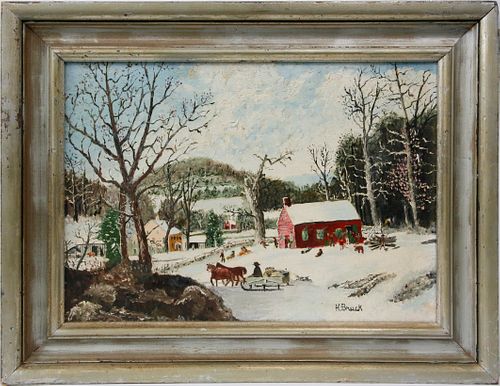 H. Bruck oil on Canvas Board "Winter in New England with Rural Activities"