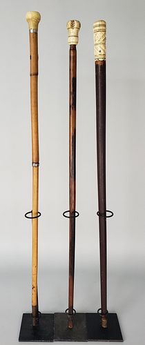 Three Antique Whalebone Knob Walking Sticks