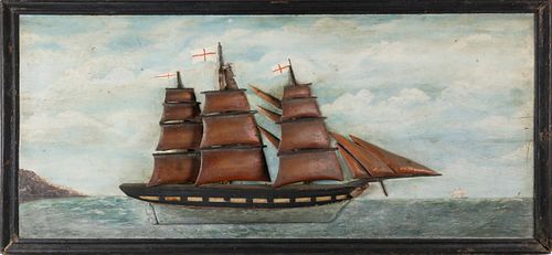 Folk Art Carved and Painted 3-Masted Ship Plaque, Late 19th Century