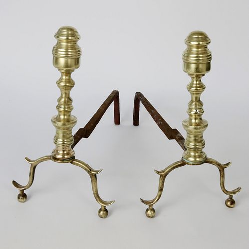 Pair of Multi-Turned Brass Andirons, 19th Century
