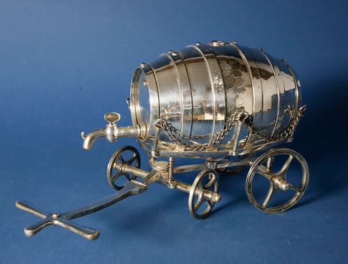 Victorian Silver Plated Barrel Form Spirit Wagon, 19th Century