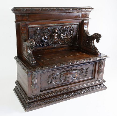 Jacobean Style Carved Hall Bench, late 19th Century