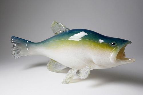 Robert Dane Hand Blown Art Glass Fish Engraved "Bread and Butter Glass, 2001"