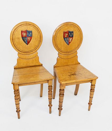 Pair of English Oak Hall Chairs, 19th c.