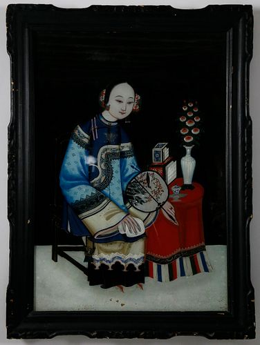Chinese Export Reverse Painting on Glass "Portrait of a Woman", circa 1840
