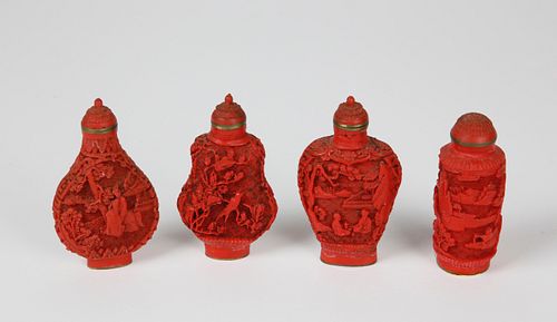 Four Vintage Chinese Carved Cinnabar Snuff Bottles