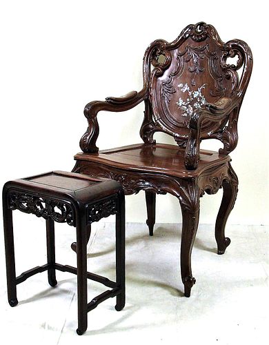 ANTIQUE CHINESE ROSEWOOD ARMCHAIR AND SIDE TABLE