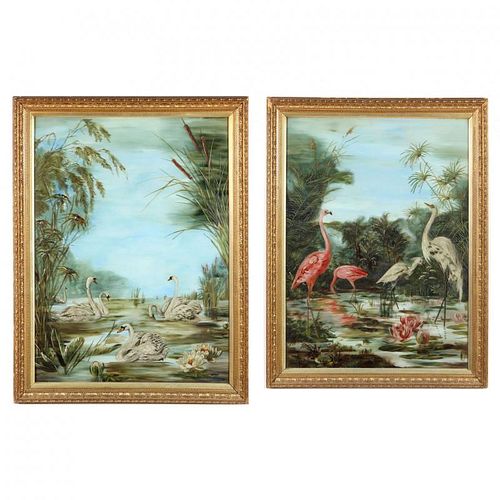 Pair of Aesthetic Period Reverse Paintings on Glass 