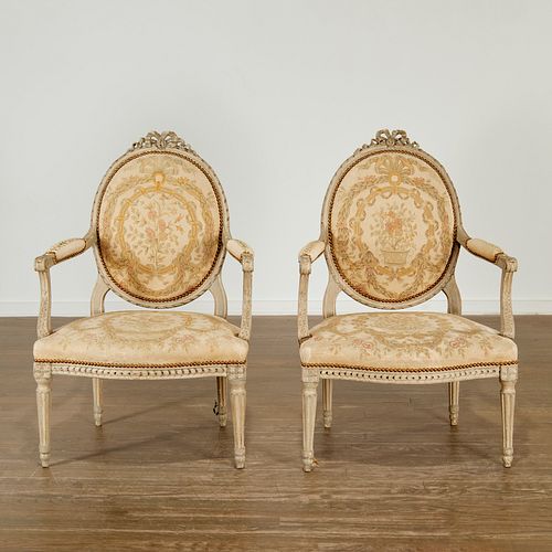 Pair Louis XVI gray painted fauteuils
