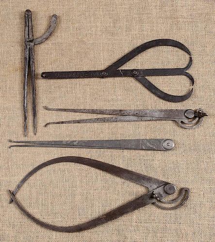 Four steel and iron calipers, ca. 1900