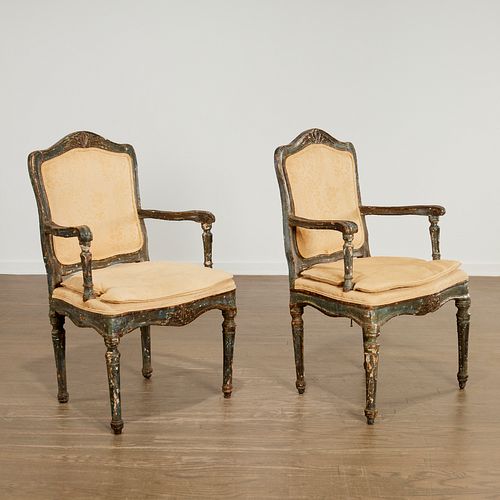 Pair Italian Rococo period blue painted fauteuils