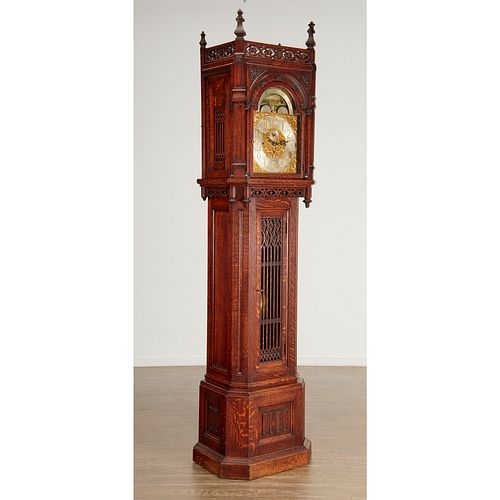 Tiffany & Co, Gothic Revival oak tall case clock