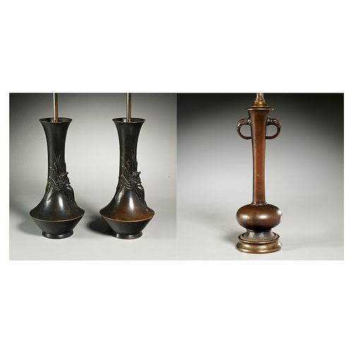 Pair Japanese bronze crayfish vase lamps