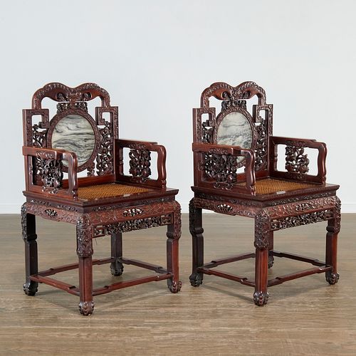 Pair Chinese marble set hardwood armchairs